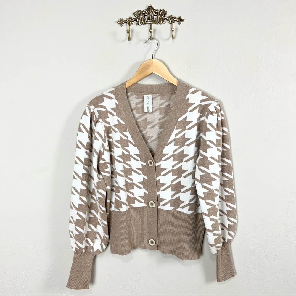 Joie Houndstooth Light Brown Puff Sleeve Cardigan Sweater Womens Size Medium